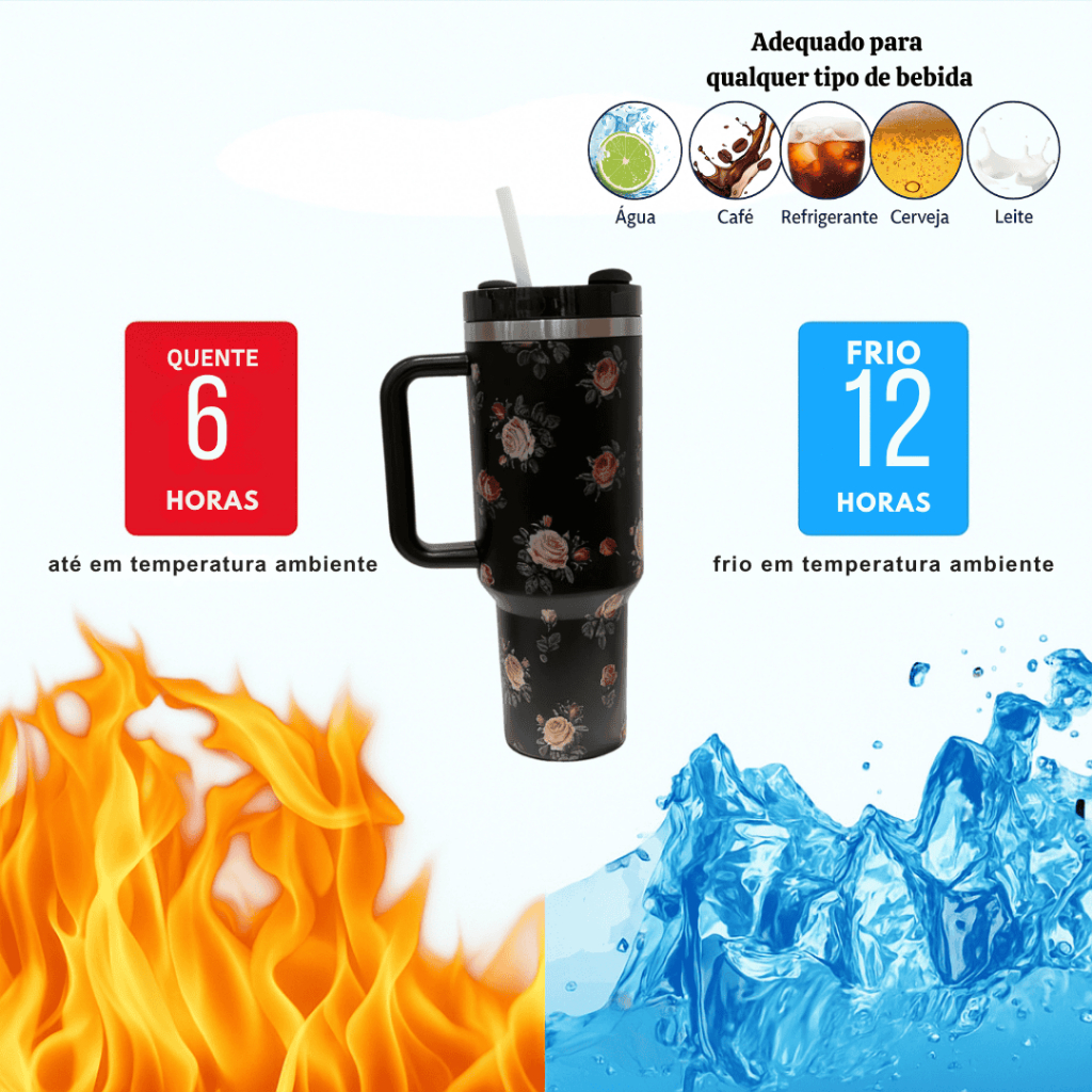 1200ml Garrafa/Copo Térmica Aço Inox 304 Portátil Mantém Quente e Frio com Alça e Canudo