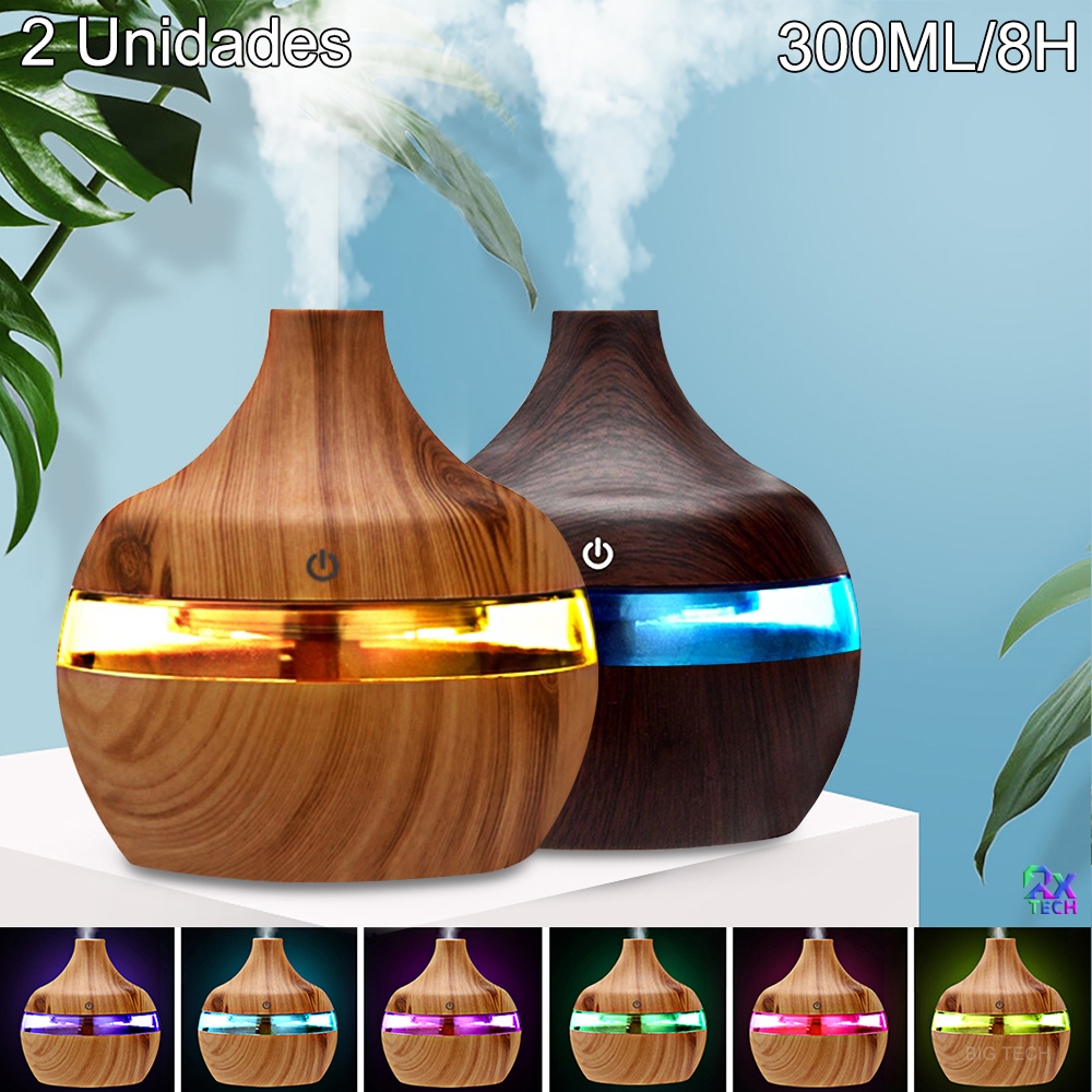2 Unidades Umidificador De Ar 8H 7 Cores LED Madeira Difusor De Ambiente Portatil 300ML Silencioso