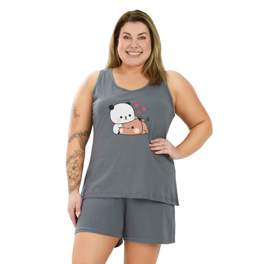 Conjunto Pijama Regata Feminino Curve Plus Size de Algodão Ursinhos Fofos - 100% Algodão - Tamanhos G1 ao G6