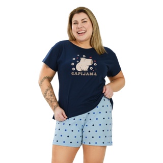 Conjunto Pijama Feminino Curve Plus Size de Algodão Capivara Azul Marinho - 100% Algodão - Tamanhos G1 ao G6 em Oferta na Shopee