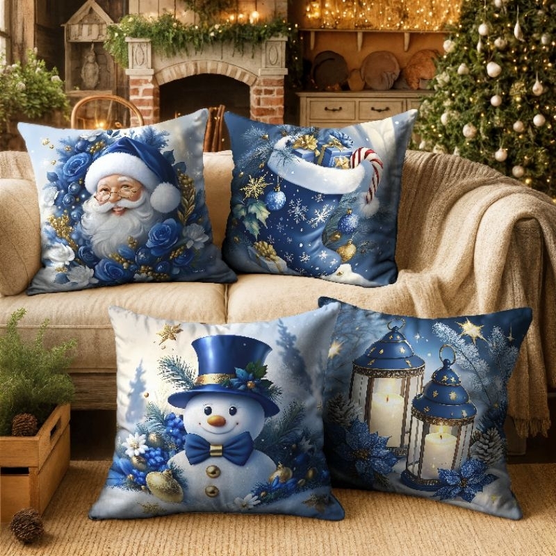 Kit 4 Capas de Almofada 45x45cm Feliz Natal Sala Quarto Papai Noel Decoração Especial [1]