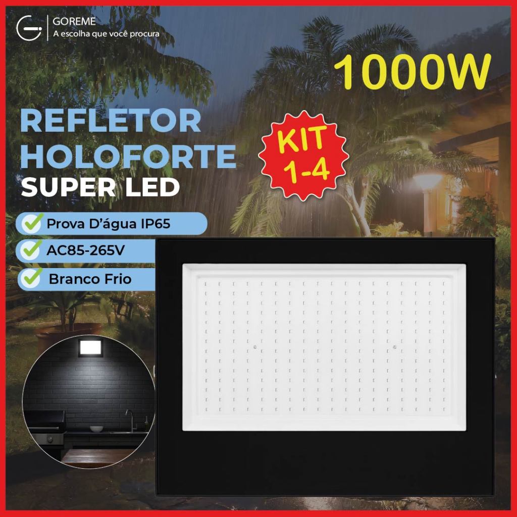 Holofote Refletor Led ECO Pro 1000W Branco Frio 6500K (Luz Branca) | IP65 110V-220V Bivolt