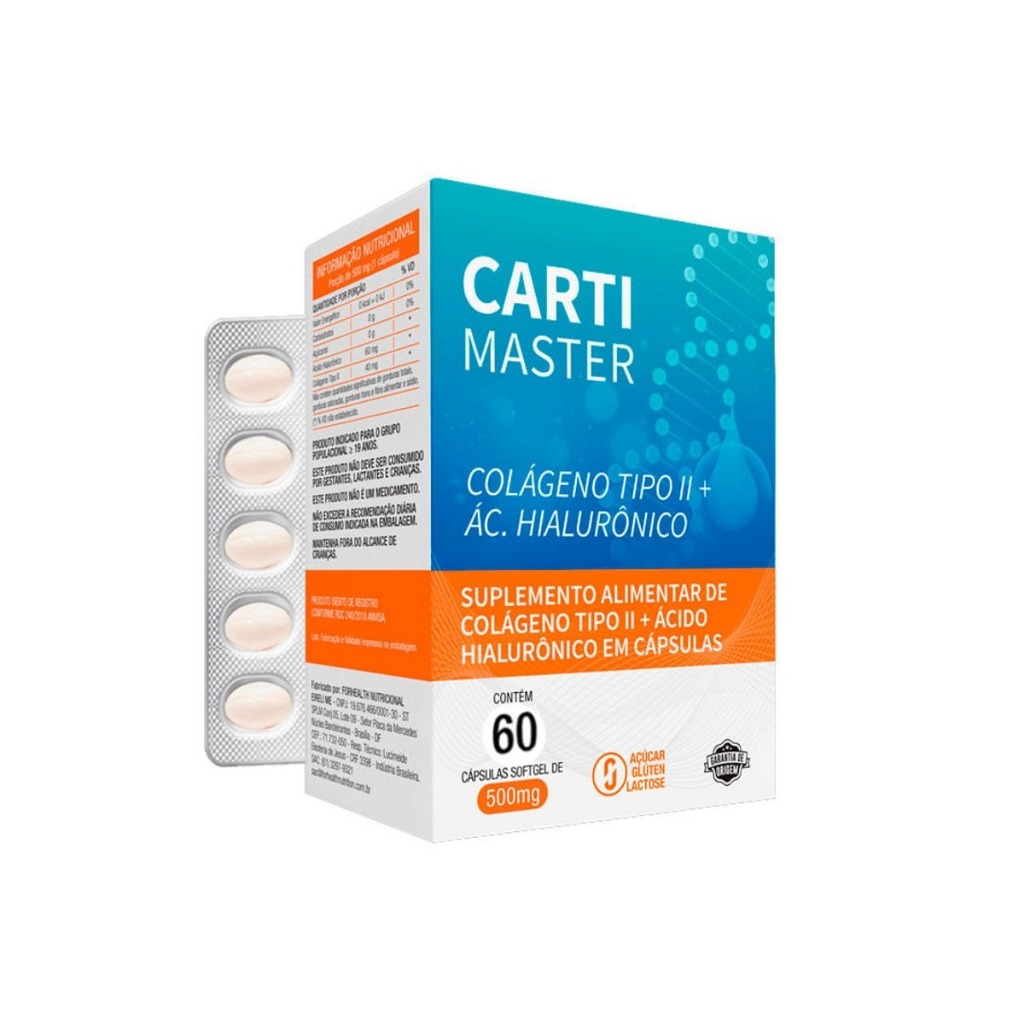 Suplemento Alimentar Carti Master Colágeno Tipo II + Ácido Hialurônico 60 Cápsulas Softgel em Oferta na Shopee