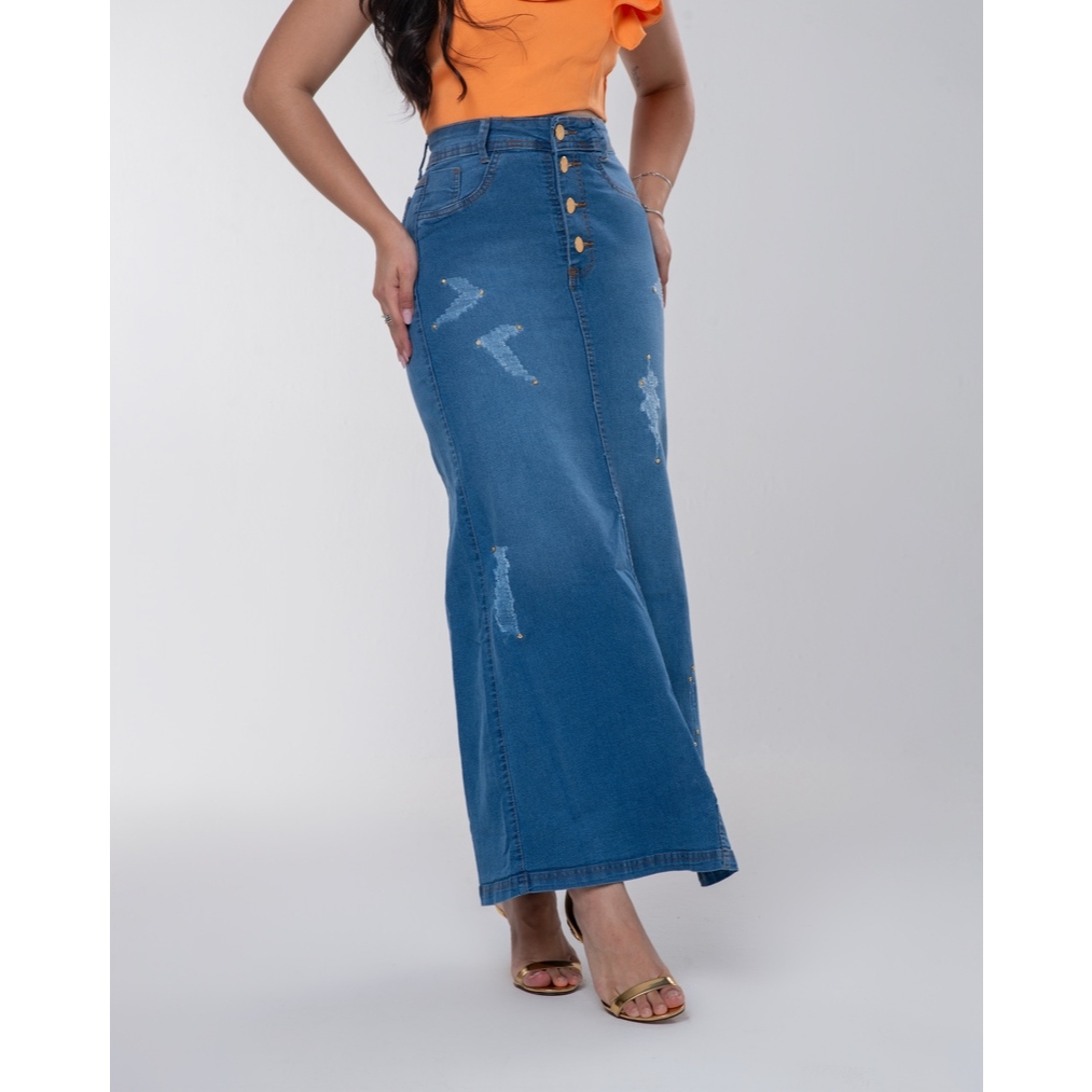 Saia Jeans Longa de Brilho 7Pallas em Oferta na Shopee