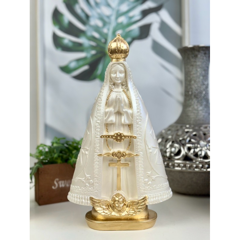 nossa senhora aparecida 30 cm gesso branco pérola dourada