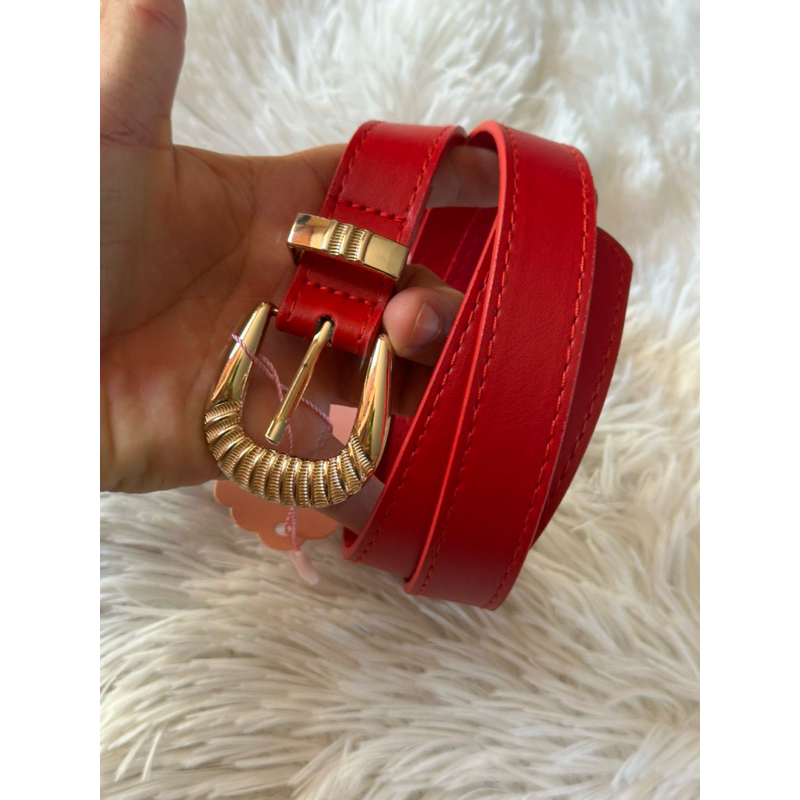 Cinto Feminino Couro Legítimo Vermelho Brilhoso Brilhante Festa Steampunk Estiloso Moda Fino Básico