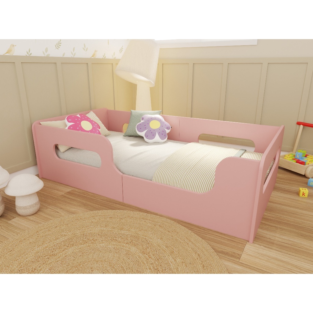Cama Infantil Montessoriana Grade Proteção Valentina Caminha Cercado Quarto Juvenil Opção Cor Rosa ou Branco