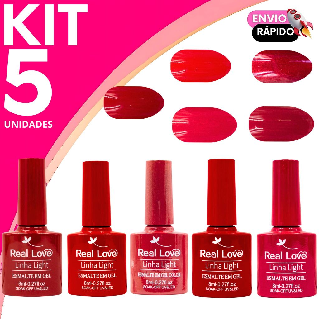 Kit Esmalte em Gel Tons de Vermelho Real Love Linha Light Color - Secagem Rápida em Cabine LED/UV em Oferta na Shopee
