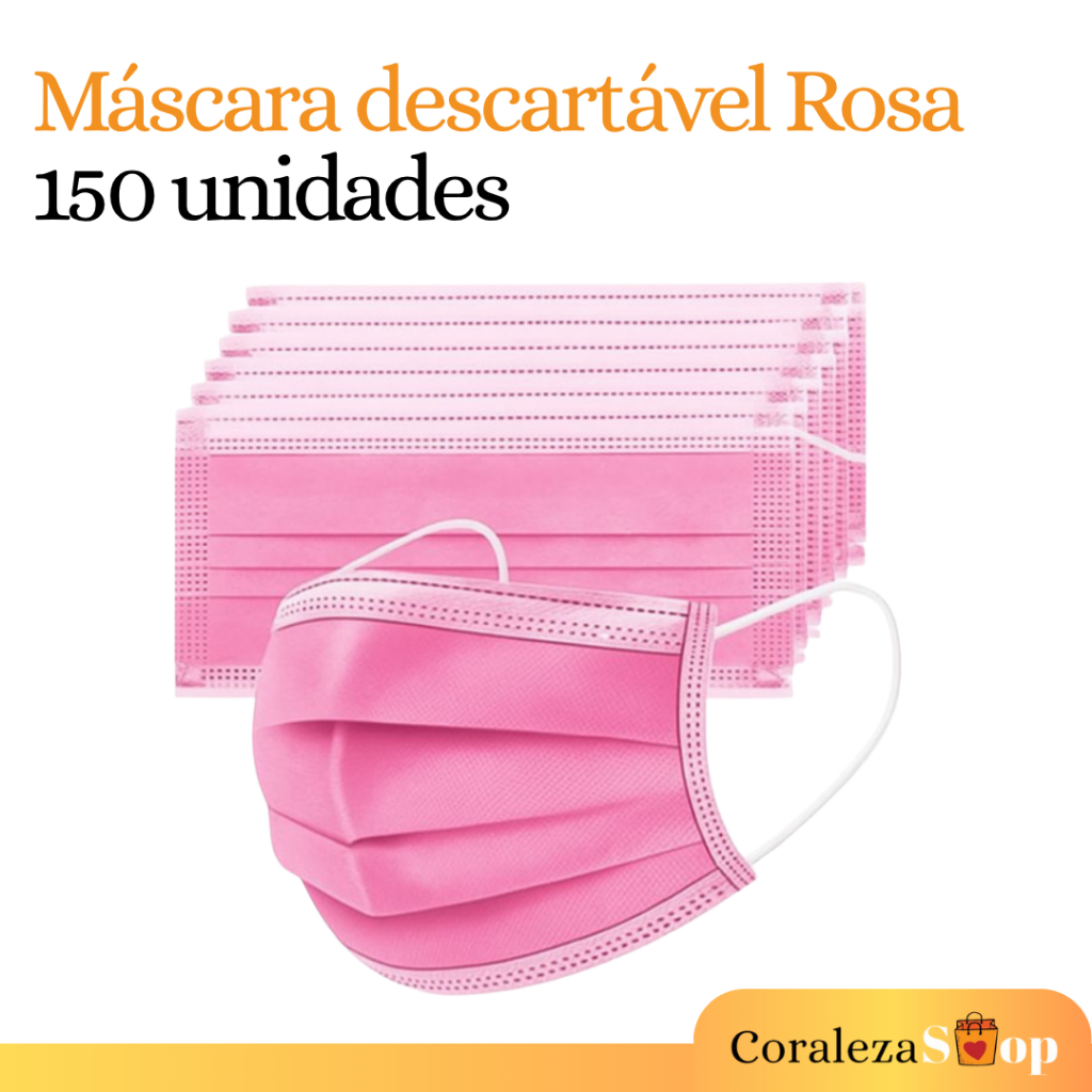 150 Máscara Descartável Rosa c/ Clipe Nasal - Tripla Camada