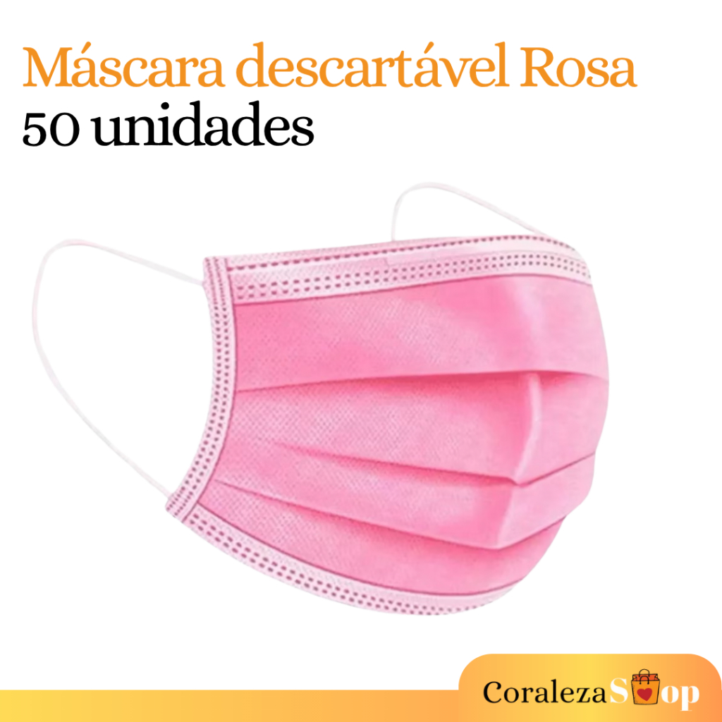 50 Máscaras Descartável Rosa TNT Com Clipe Nasal, Tripla Camada Adulto