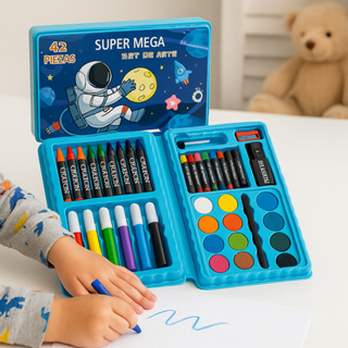 Kit 42/13 Peças Maleta Pintura Infantil Pincel Giz Aquarela Apontador Lápis Estojo Desenho Criança em Oferta na Shopee