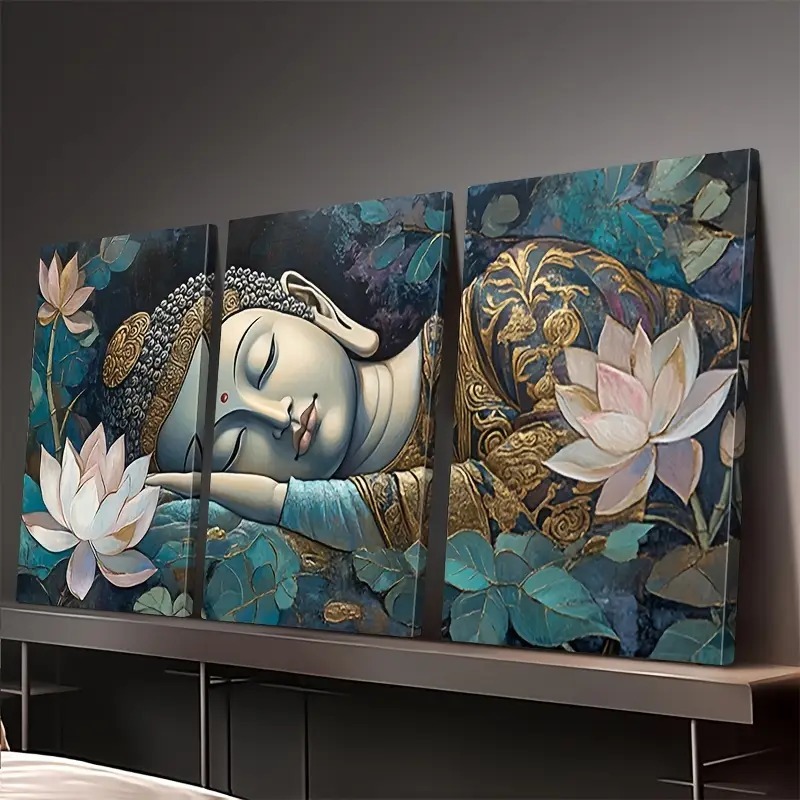 Imagem Kit 3 Peças Quadro Decorativo Buda Adormecido Flor de Lótus Espiritual Decoração Quarto Sala Relax