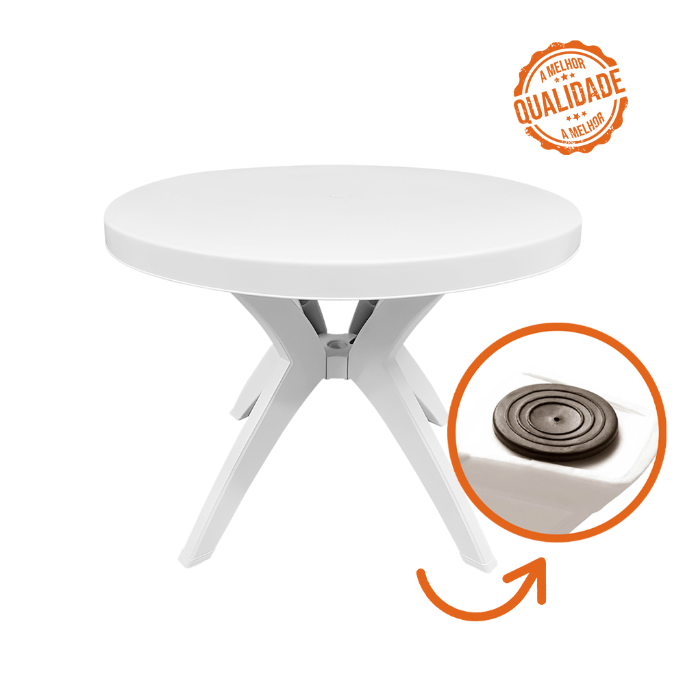 MESA REDONDA 1,00 CM EM PLÁSTICO RESISTENTE - PARA ÁREAS INTERNAS E EXTERNAS, CLUBS, CASA DE FESTAS.