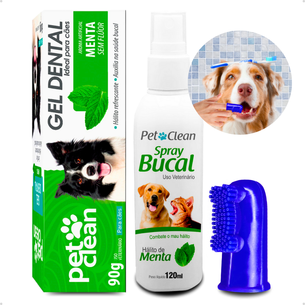 Kit Higiene Dental Pet Cachorro e Gato Gel Pasta 90g + Spray Hálito 120ml + Escova Dedeira Pet Clean em Oferta na Shopee