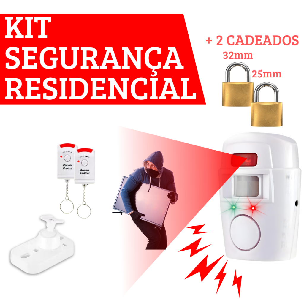 Kit Alarme Residencial Sem Fio Sensor De Presença + 2 Controles + 1 Suporte De Fixação Kit Alarme Residencial Sem Fio Sensor De Presença + 2 Controles + 1 Suporte De Fixação