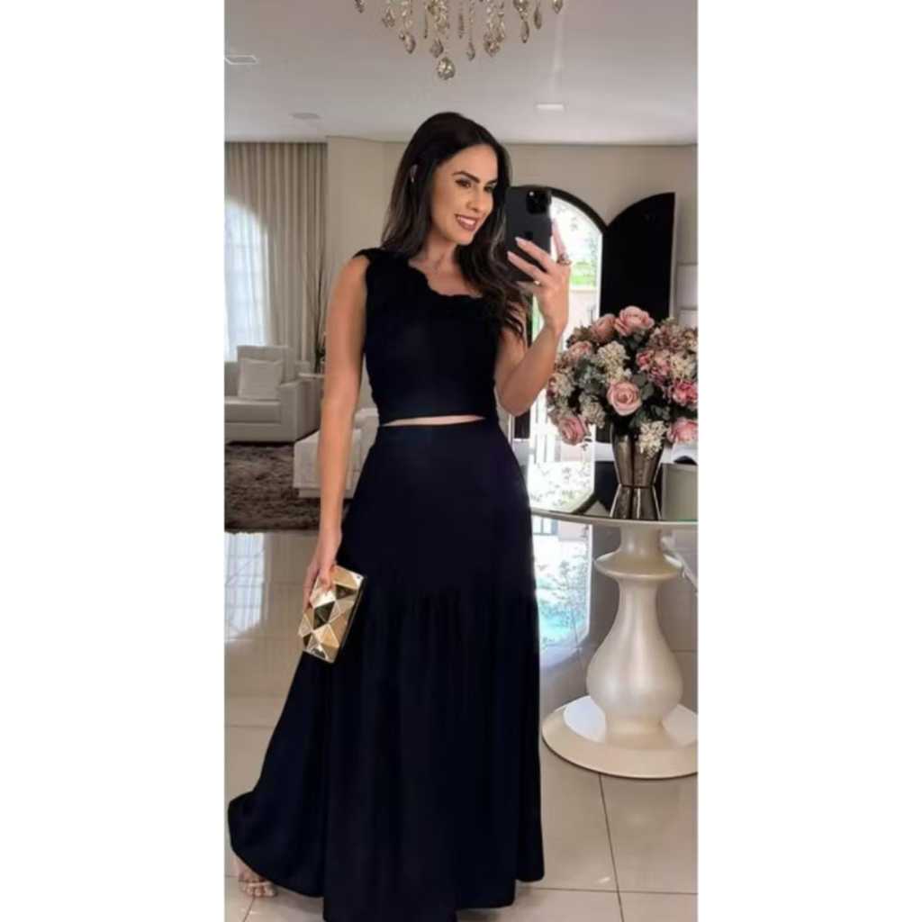 conjunto femenino de saia longa con fenda na frente e cropper em Oferta na Shopee