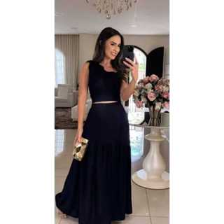 conjunto femenino de saia longa con fenda na frente e cropper em Oferta na Shopee