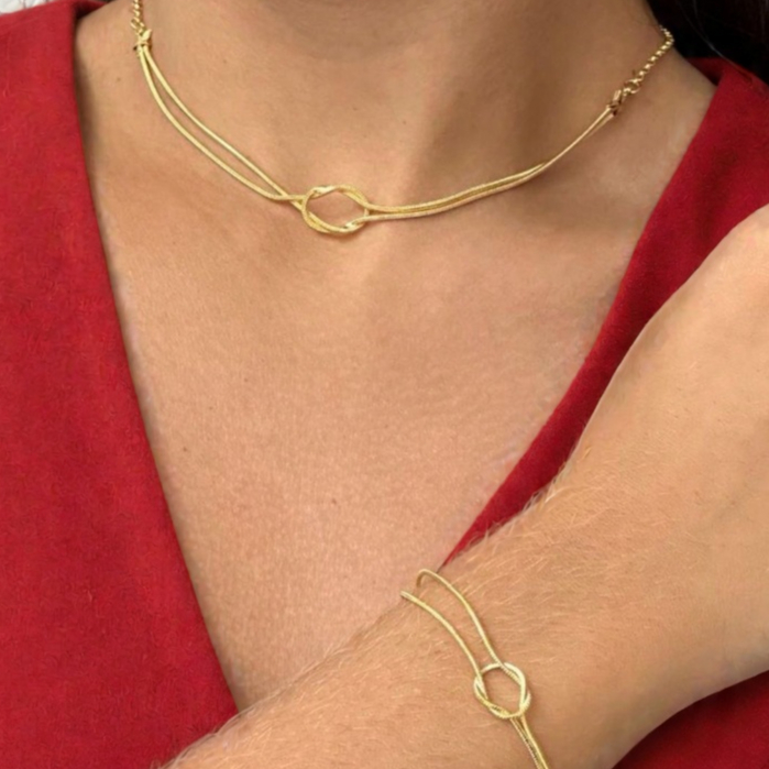 Conjunto Colar Choker e Pulseira Duplo Nó Folheado a prata925 e Ouro18k em Oferta na Shopee