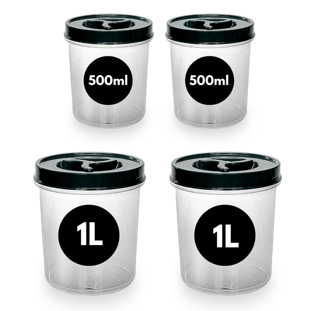 Kit 4 Potes Redondo 2 de 1 Litro + 2 de 500ml Transparente Tampa Rosca Pote Mantimento Açúcar Bombom