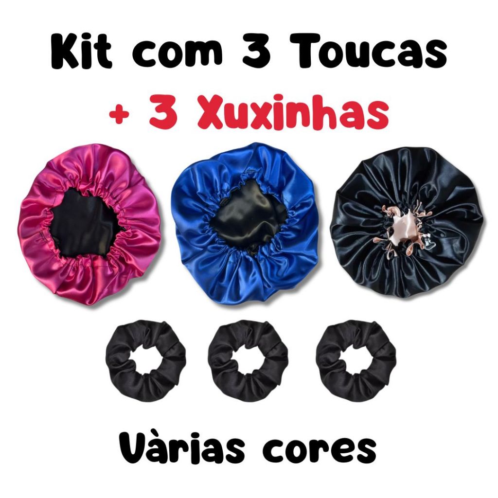 Kit 3 Touca de Cetim Dupla Face com Regulador + 3 Xuxinhas de Cabelo em Oferta na Shopee