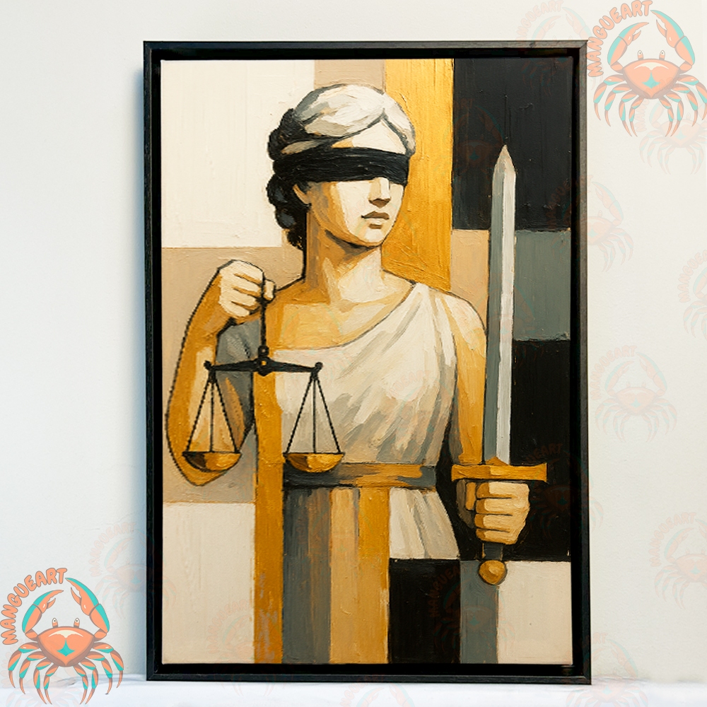 Quadro Decorativo Deusa da Justiça – Arte Moderna em Tela Acetinada, opções de moldura dourada e preta, Balança e Espada