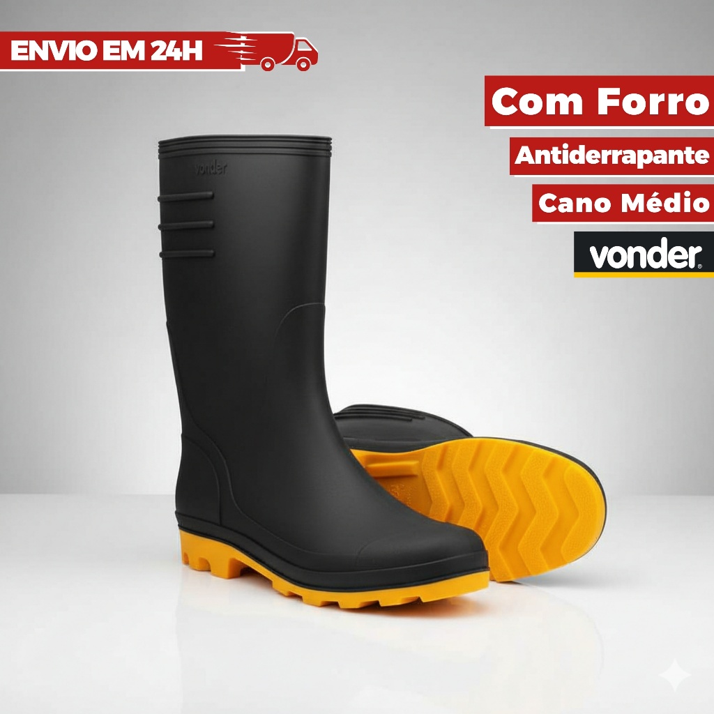 Bota PVC Lavar Quintal Chuva Motociclista Moto Forrado Impermeável Galocha Vonder