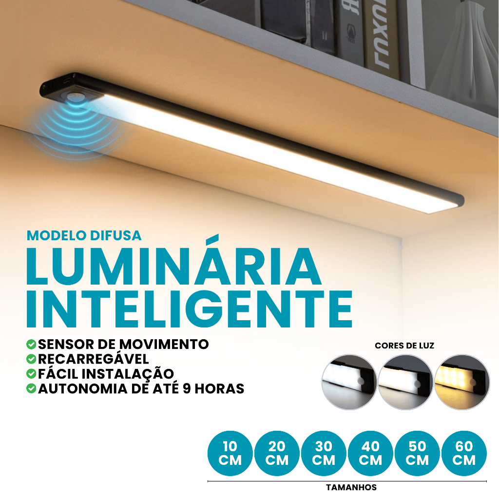 Kit Luminária Led Barra Difusa Recarregável Usb Presença Sensor Quarto/Cozinha Luz 3 Cores em Oferta na Shopee