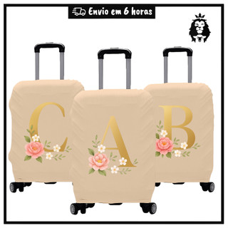 Capa Protetora para Mala De Vagem Bege Luxo Estampada Letra Tecido Canelado Premium Promoção