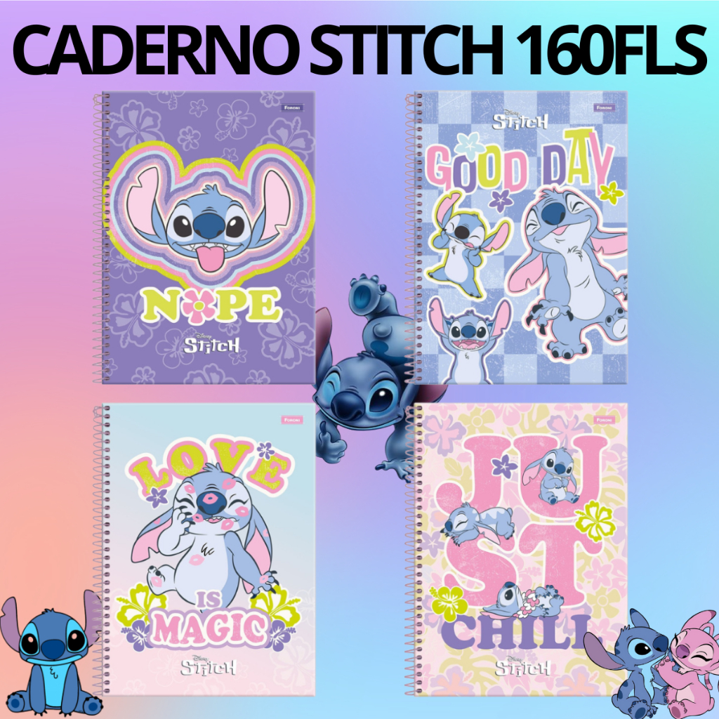 Caderno Stitch 10 Matérias 160 Folhas Capa Dura Universitário Escolar Disney Foroni