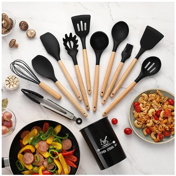 Jogo De Cozinha Kit C/12 Peças De Premium Silicone Utensílios E Copo Suporte Para Cabo De Madeira