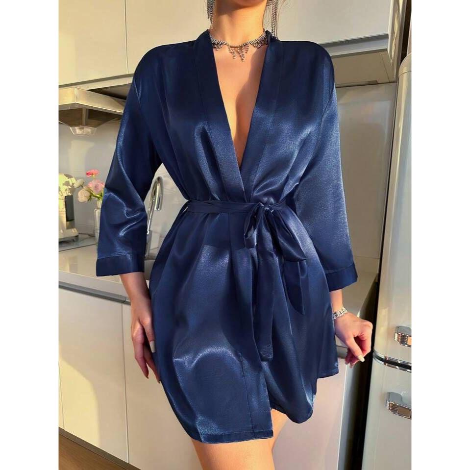 Robe de Cetim Azul Royal Luxo - Curto - Manga Longa - Pós-Banho/Madrinhas