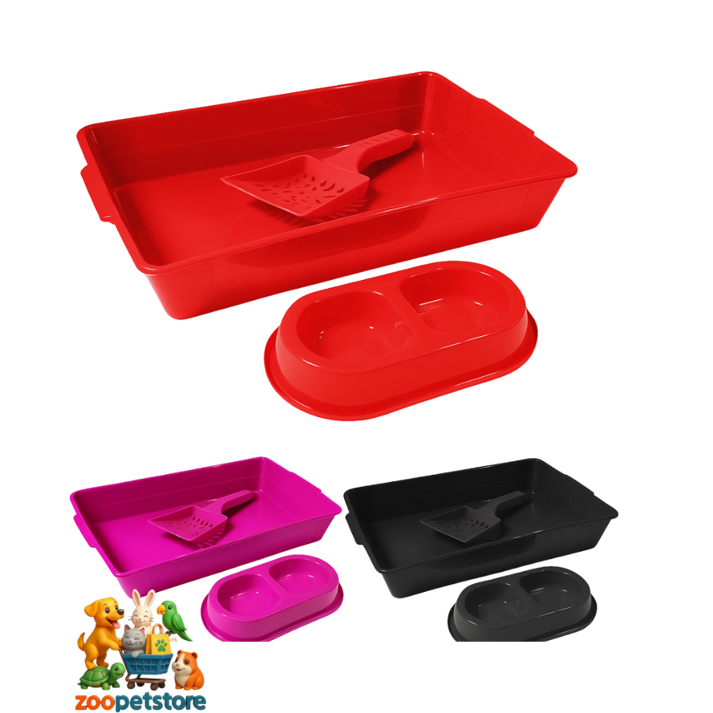 Kit Caixa de Areia para Gatos Bandeja + Comedouro Unificado  Gato + Pá Higiênica