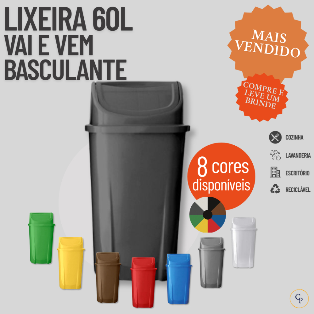 Lixeira 60L Vai e Vem Reforçada – Ideal p/ Cozinha, Reciclável e Seletiva em Oferta na Shopee