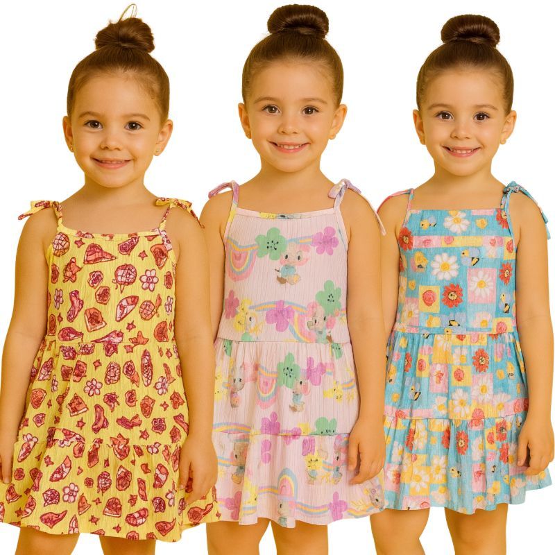 Vestido Infantil Canelado Fresquinho de Alça Menina Verão Feminino Estampado