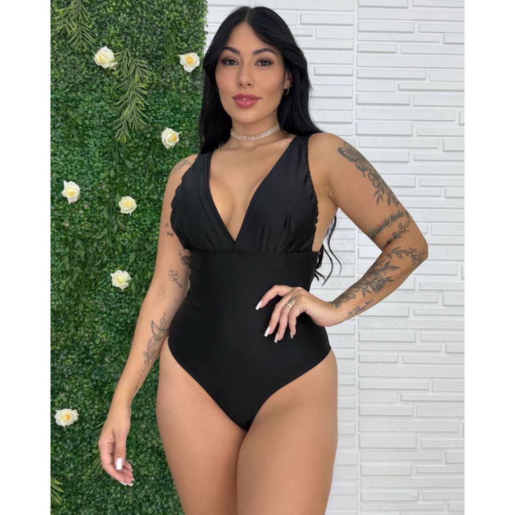 Body Alça Reforçada Proteção UV Moda Praia Maiô Feminino Sem Bojo Decote Em V Cavado Liso Suplex