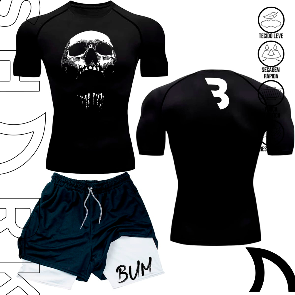 Kit Esportivo Academia Masculino Camisa Compressao E Short Bumstead Skull Simbolo B Gym Academia