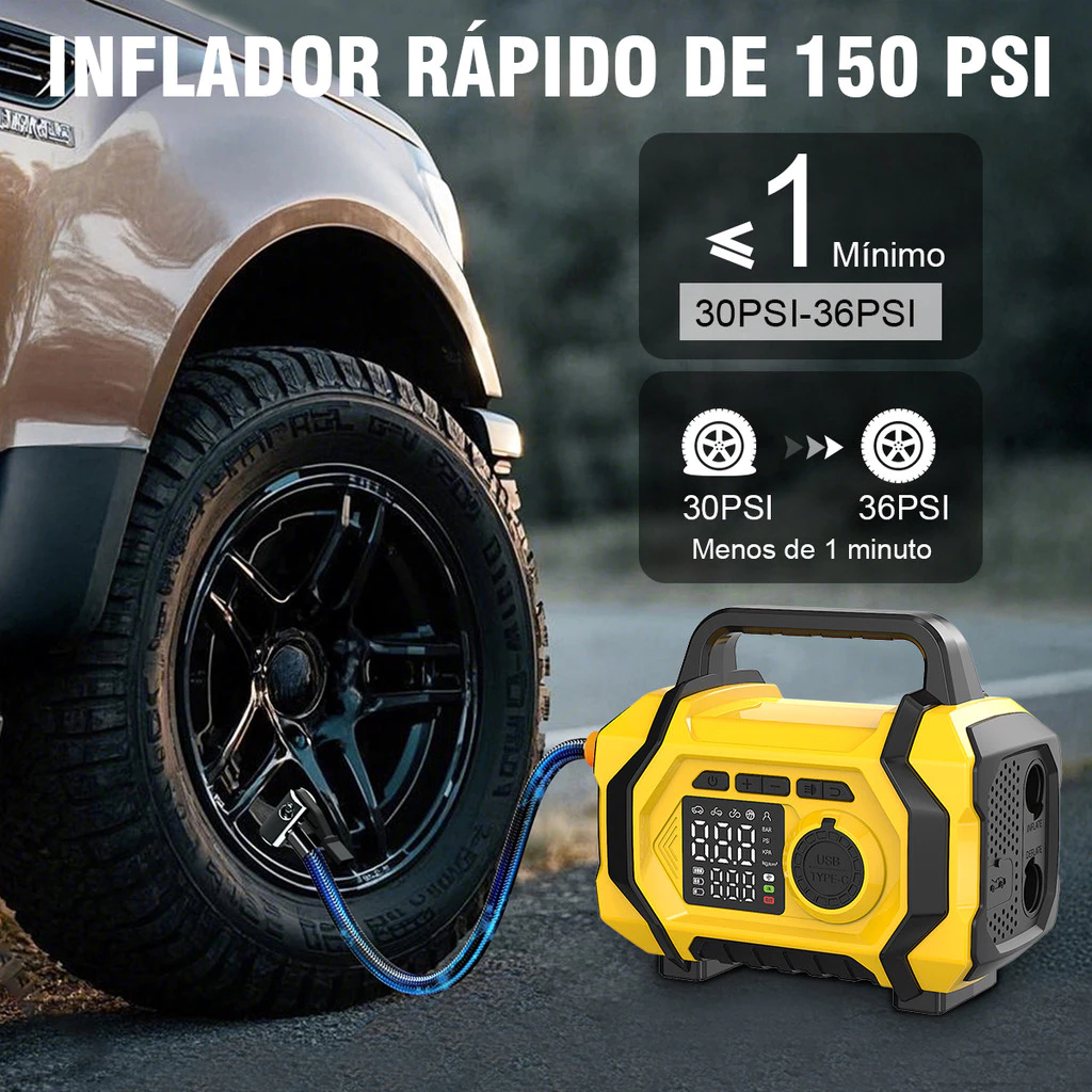 5 em 1 - Auxiliador de Partida Compressor Ar PowerBank Led 29800 mAh 3500 Pa 6 Funções Carro