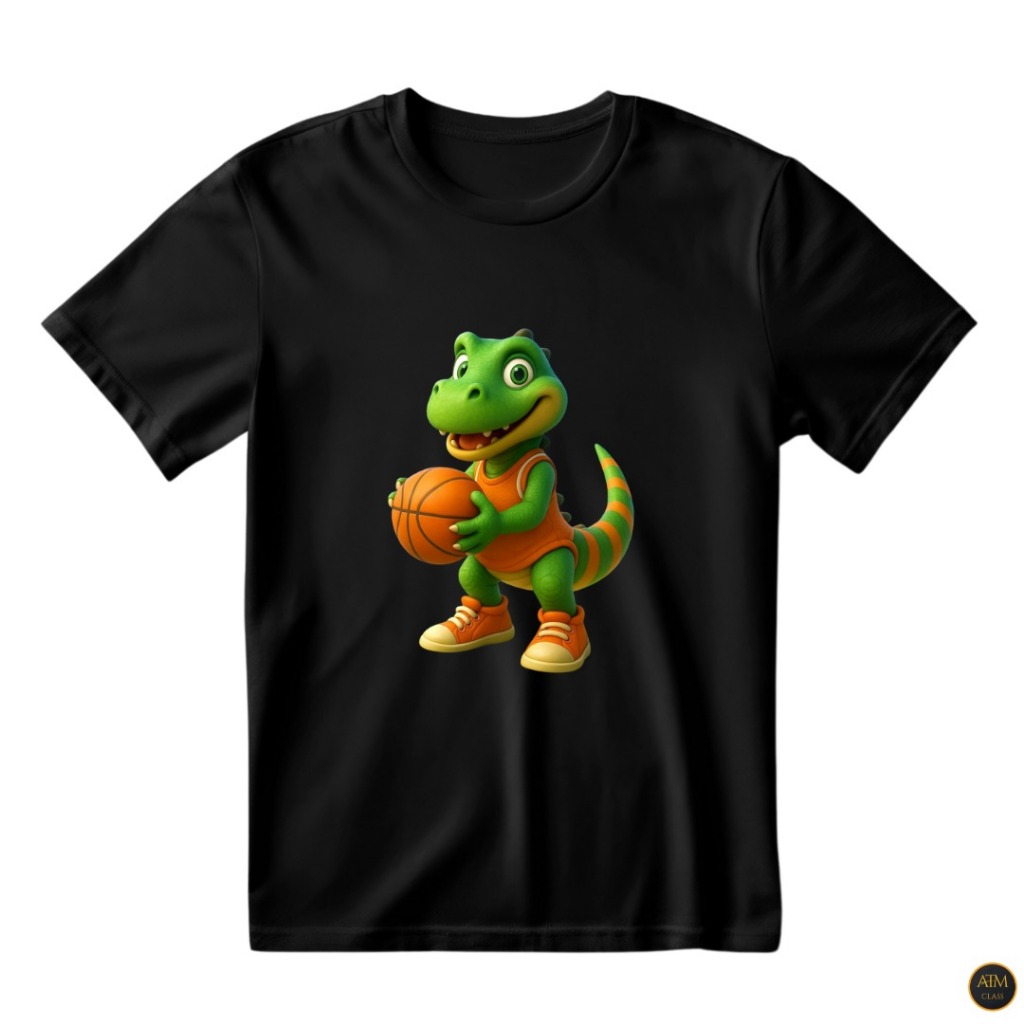Camisa Infantil Unissex Dinossauro Jogando Basquete Feliz Estampado 100% Algodão - Envio Imediato