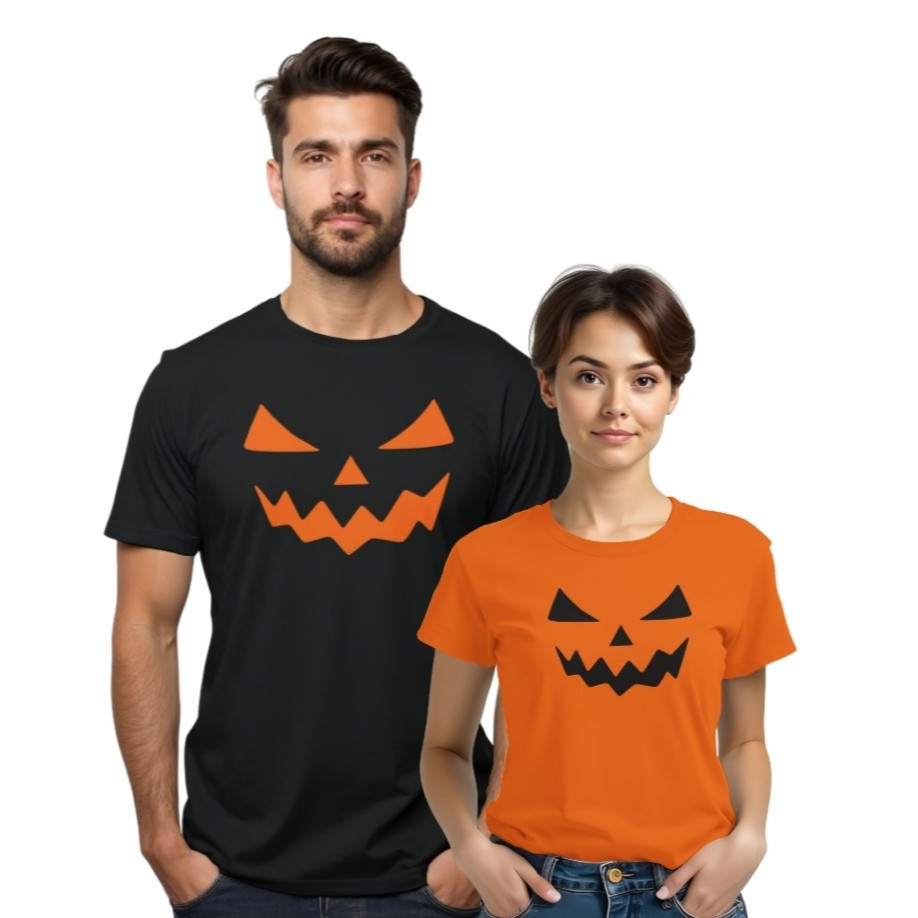 Kit Camiseta Masculina E Baby Look Feminina Halloween Abóbora Rosto / Dia Das Bruxas
