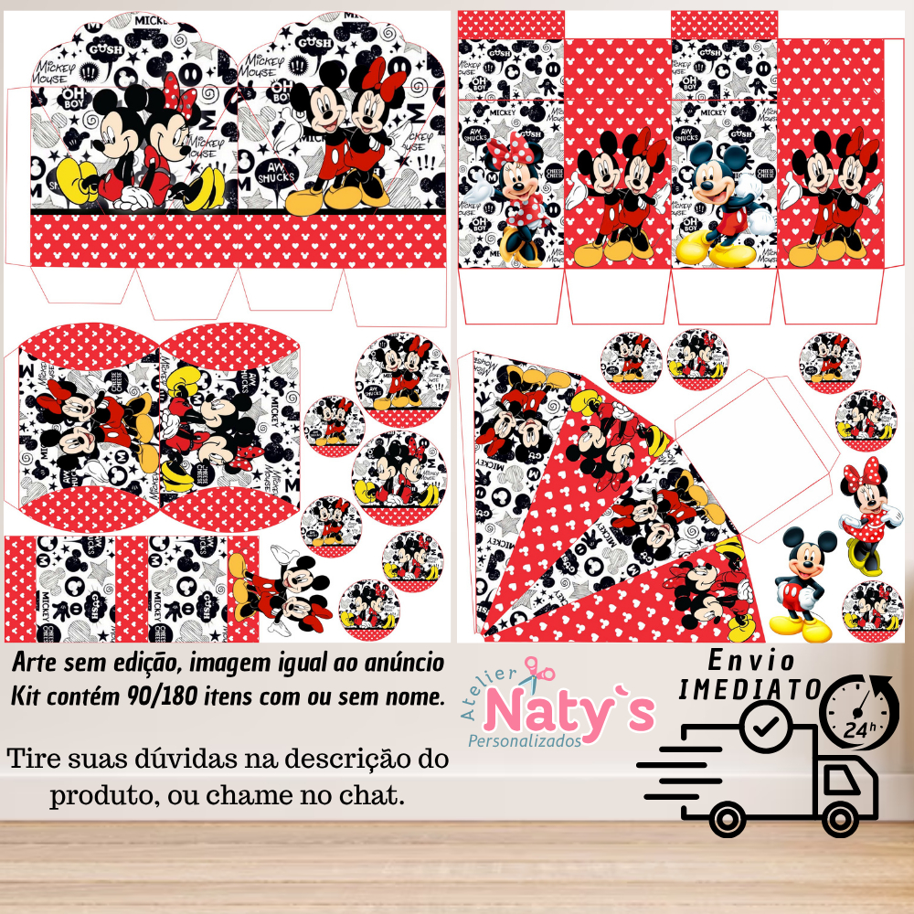 KIT COM 90/180 ITENS TEMA: MICKEY E MINNIE LEMBRANCINHAS COM/SEM NOME - Envio 24H