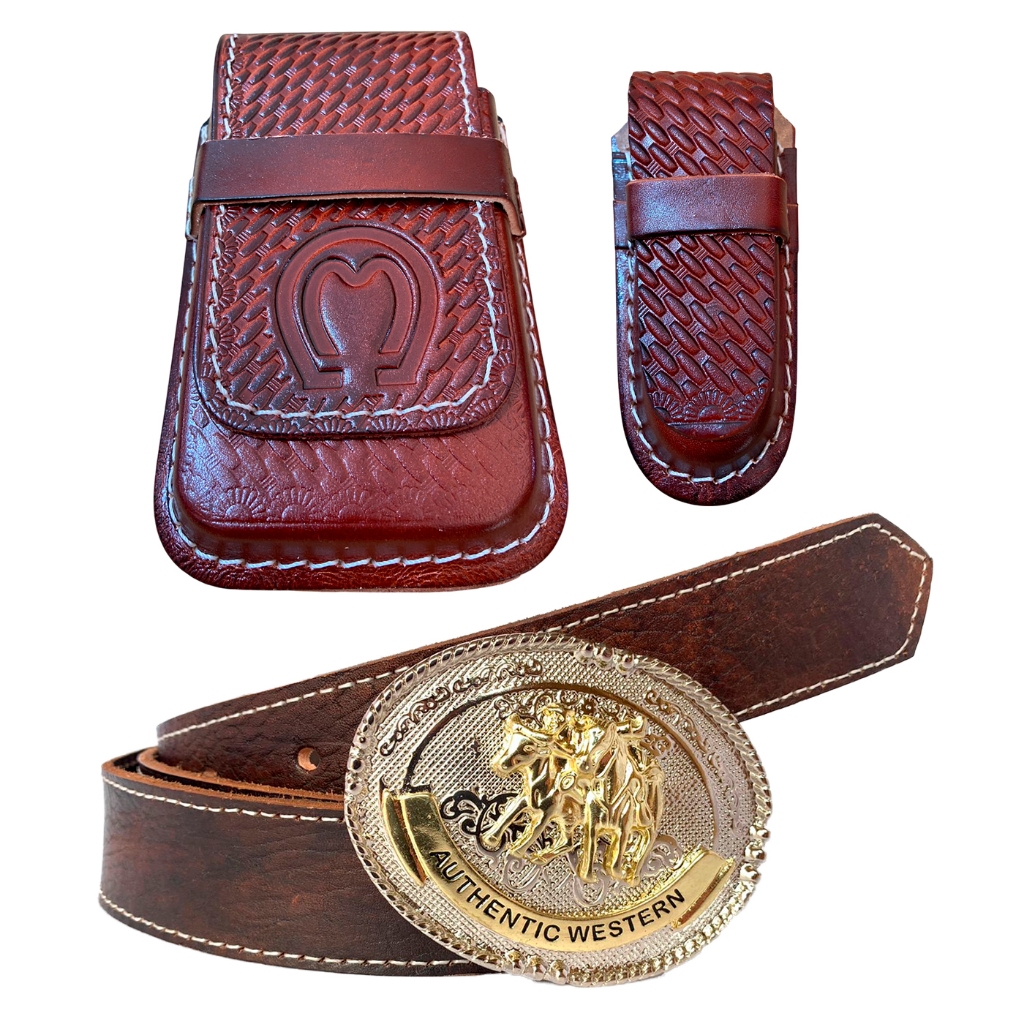 Kit de Cinto Capinha de celular e Bainha de Canivete de Couro e Fivela Country