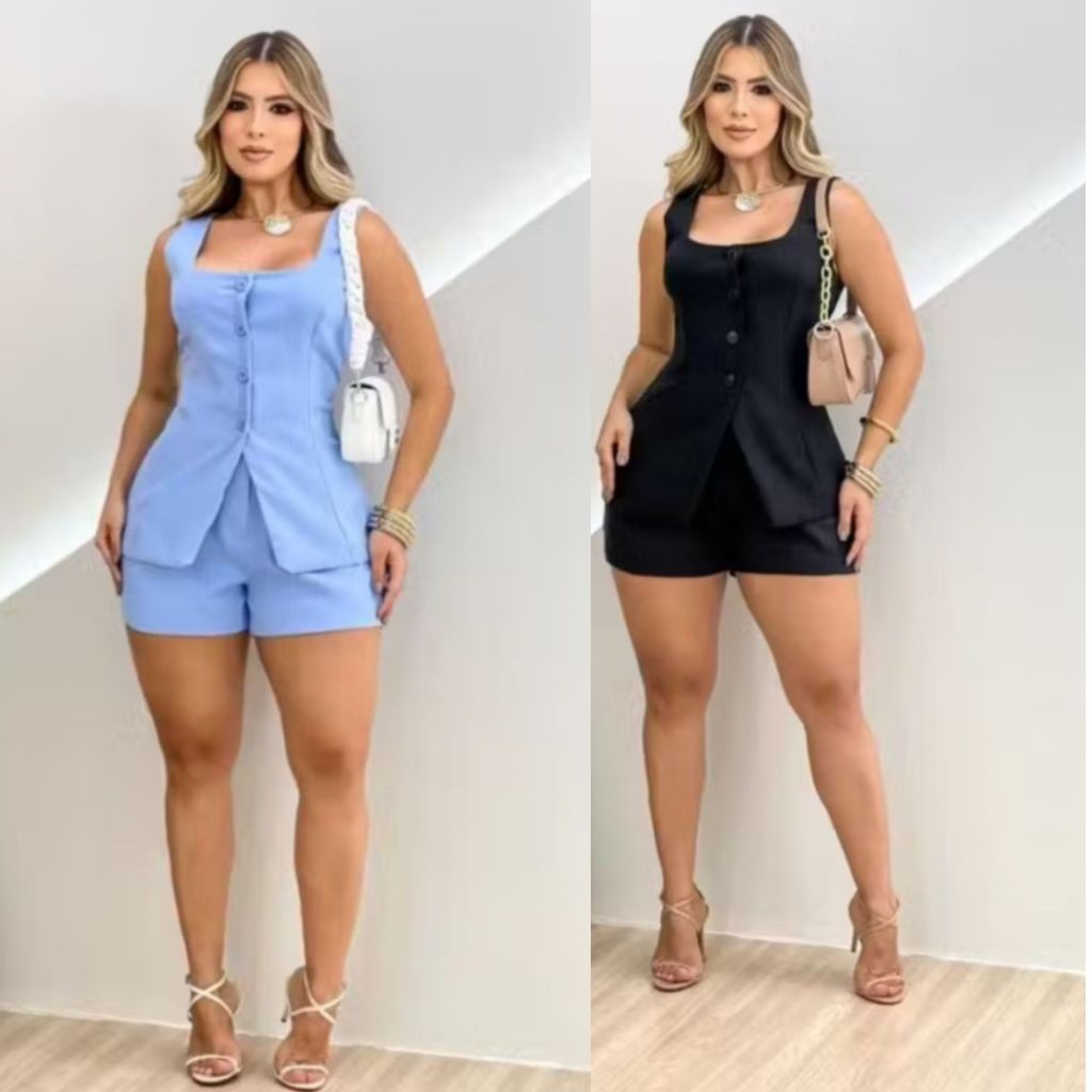 Conjunto Feminino Alfaiataria – Colete Alongado + Short de Verão Premium em Oferta na Shopee