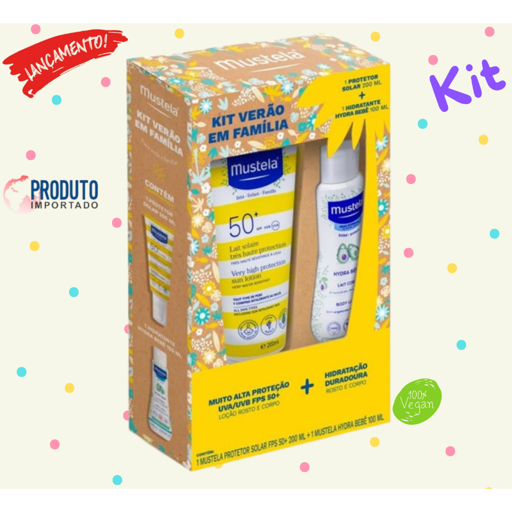 Mustela Kit Verão em Família - Protetor Solar Infantil FPS 50+ 200ml + Hydra Bebê 100ml Grátis - Proteção e Hidratação