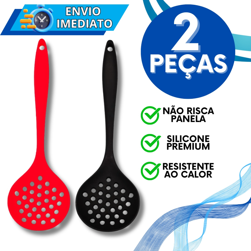 KIT Jogo 2 Escumadeira de Silicone Colher Gourmet Super Resistente Para Casa Cozinha Restaurante Utensilio de Silicone