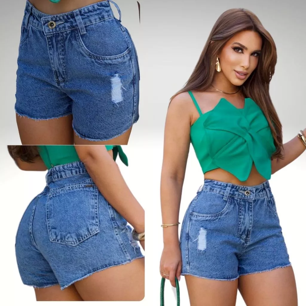 Short Jeans Feminino Premium Cintura Alta Marmorizado Leve Destroyde Barra Chuleada — imagem 1