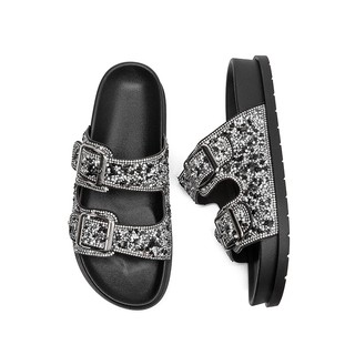 Sandália Birken Papete feminina Fivela ajustável de strass de luxo design MEIJILE