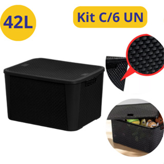 Kit Caixa Organizadora 42 Litros Rattan Preta Grande Multiuso Com Tampa Palstico em Oferta na Shopee
