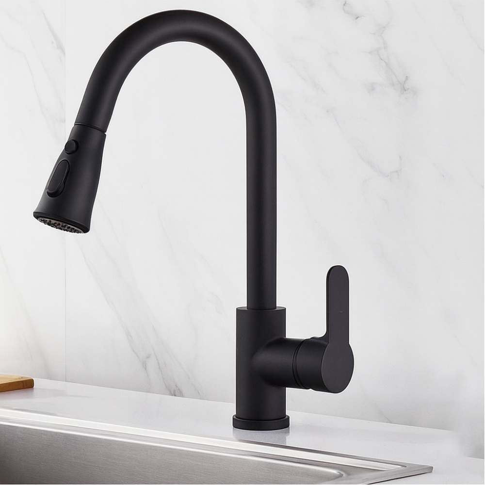 Torneira De Cozinha Gourmet Monocomando Com Ducha Extensível Aço Inox Preto Fosco Quente-Fria Deend