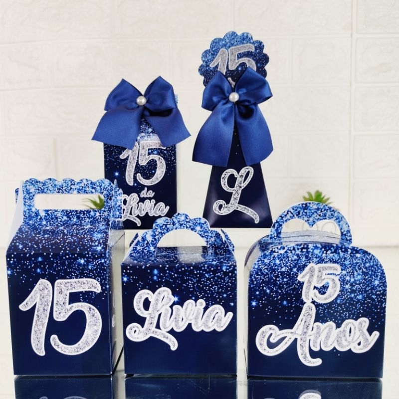 Kit Caixinhas 15 Anos Azul/Prata - Kit Lembrancinhas Personalizadas | Mimos | Debutante | Kit Festa (PEGUE E MONTE)