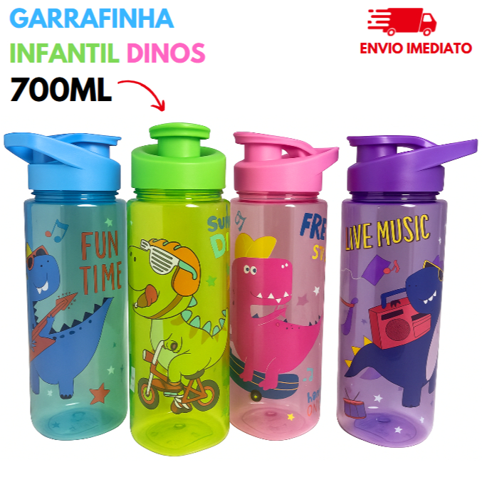 Garrafinha Infantil Squeeze Dinossauro – Garrafa de Água 700ML – Menino e Menina – Plástico – 23CM